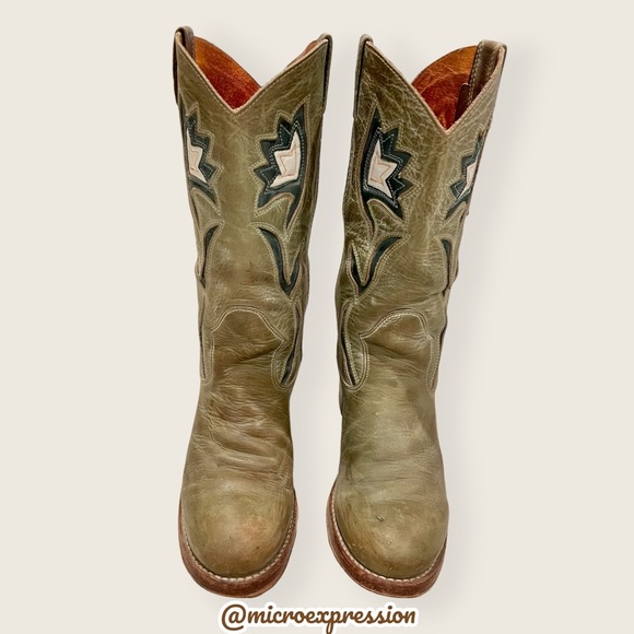 VINTAGE Frye Floral Inlay Green Boho Leather Chunky Heel Pull On Campus Boot - Picture 4 of 10